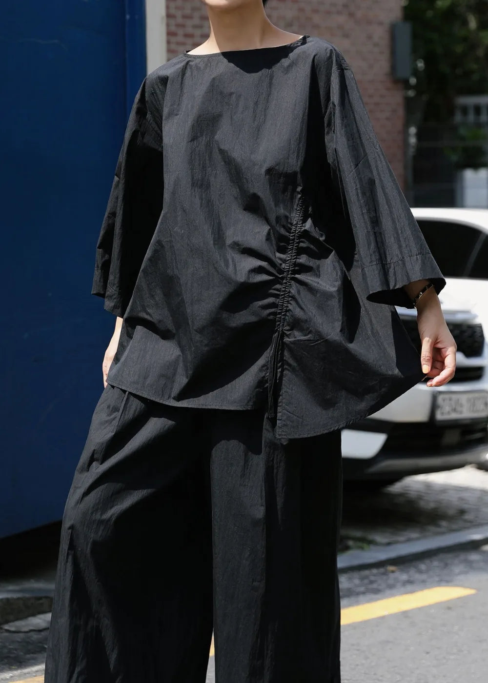 Casual Cotton Top Drawstring Sleeve Khaki Half Asymmetrical FashionChic