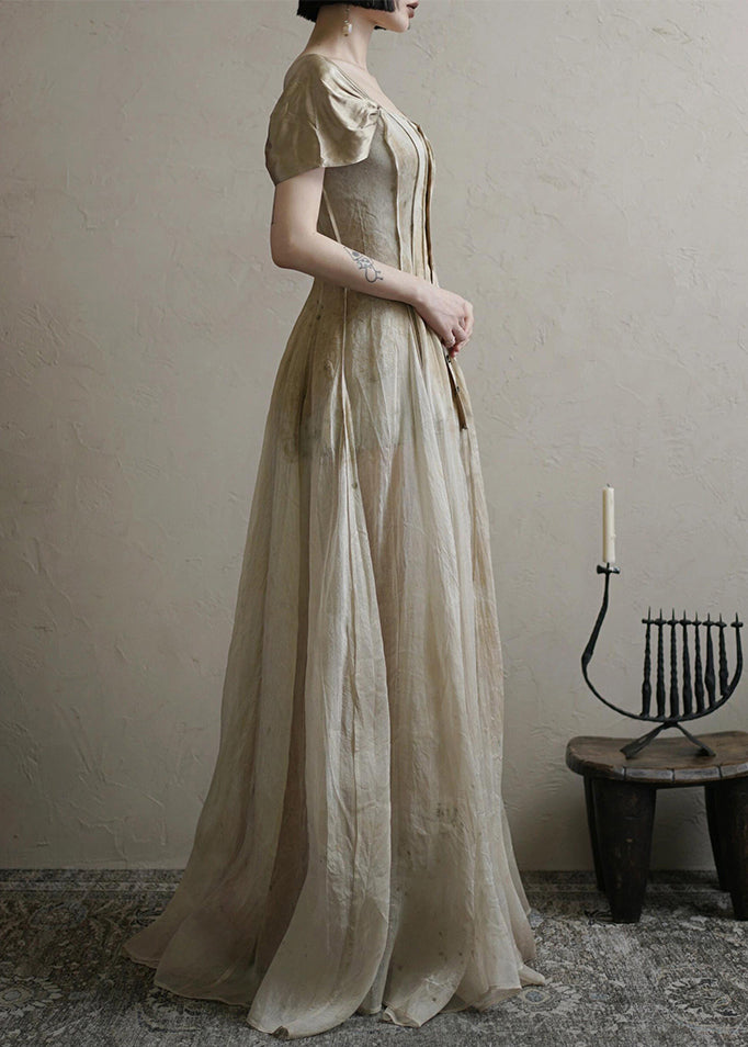 Square Button Collar Summer Vintage Long Dress FashionChic