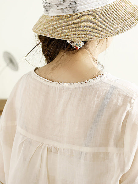 Women Summer Artsy Embroidery V-Neck Ramie Shirt PP1020 ZMMM