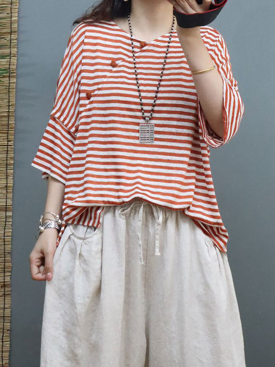 Plus Size Women Summer Vintage Stripe Linen Shirt SC1027 Ada Fashion