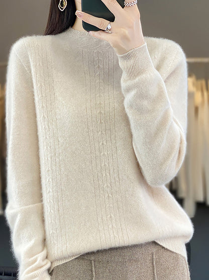 Women Autumn Solid Cable Knit 100%Wool Half Turtleneck Sweater QN028 BK