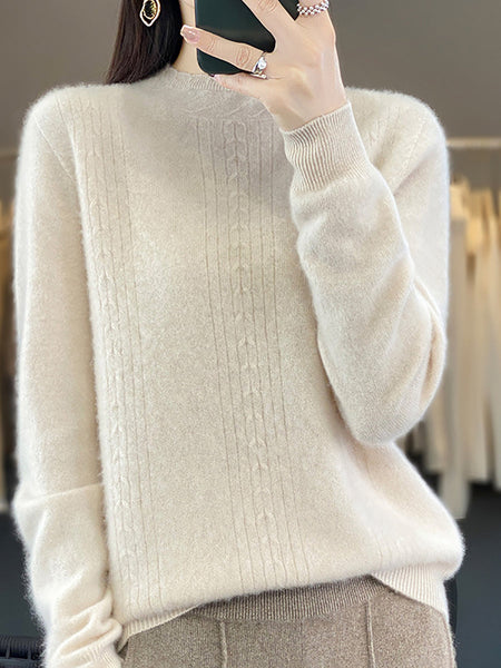 Women Autumn Solid Cable Knit 100%Wool Half Turtleneck Sweater QN028 BK