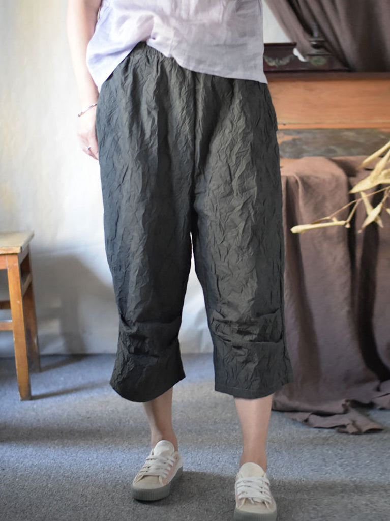 Women Summer Vintage Solid Loose Cotton Calf-Length Pants CV1042 Ada Fashion