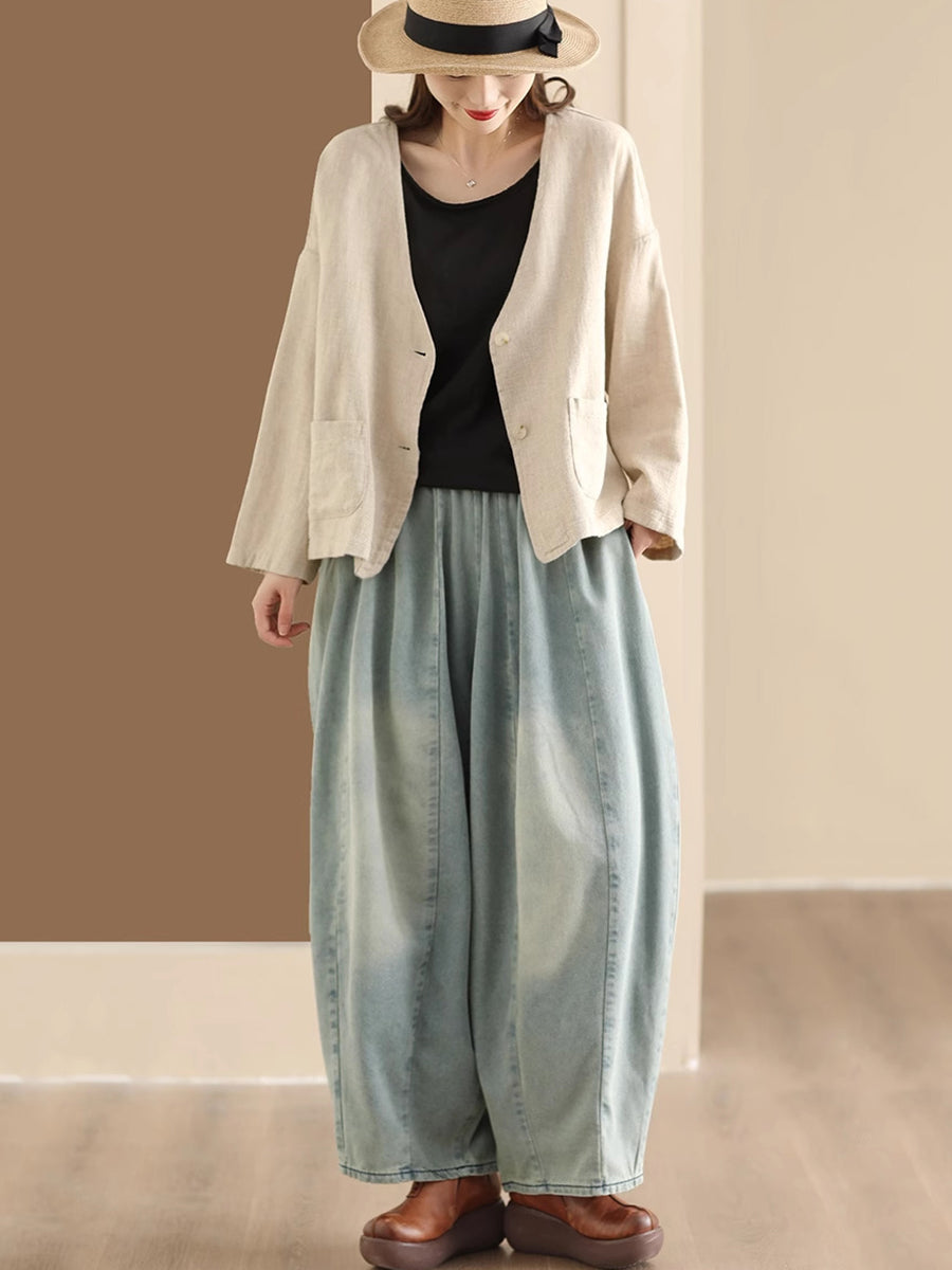 Women Vintage Washed Spliced Denim Wide-leg Pants QW1007 Ada Fashion