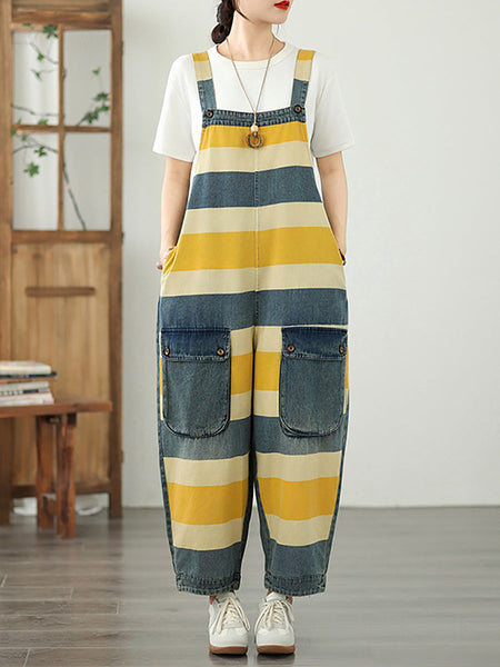 Summer Colorblock Women Loose Denim Stripe Jumpsuits FashionChic
