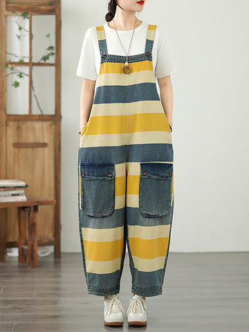 Summer Colorblock Women Loose Denim Stripe Jumpsuits FashionChic