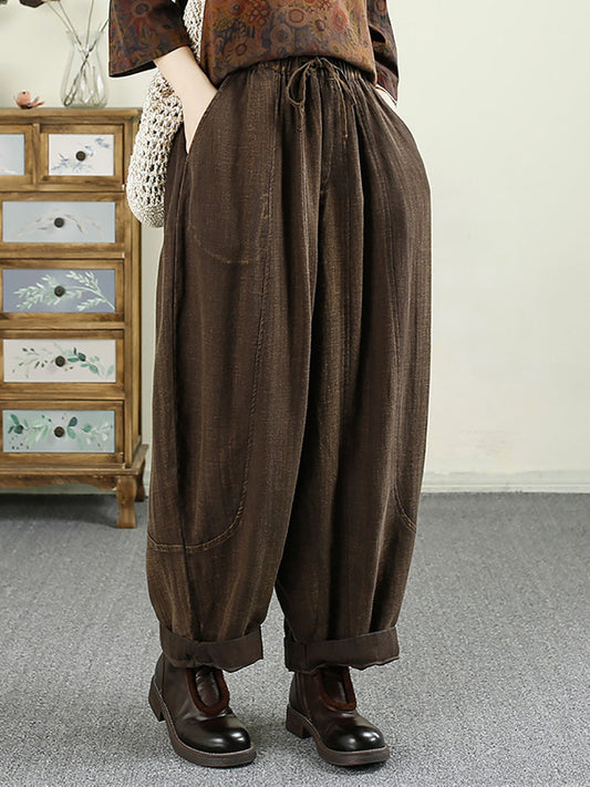 Women Autumn Vintage Solid Pocket Linen Harem Pants AV1031 Genistyle Shop