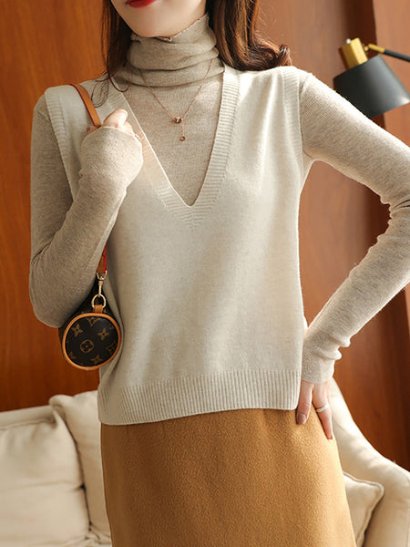 Women Casual Wool Solid V-Neck Knit Vest AK1045 Genistyle Shop
