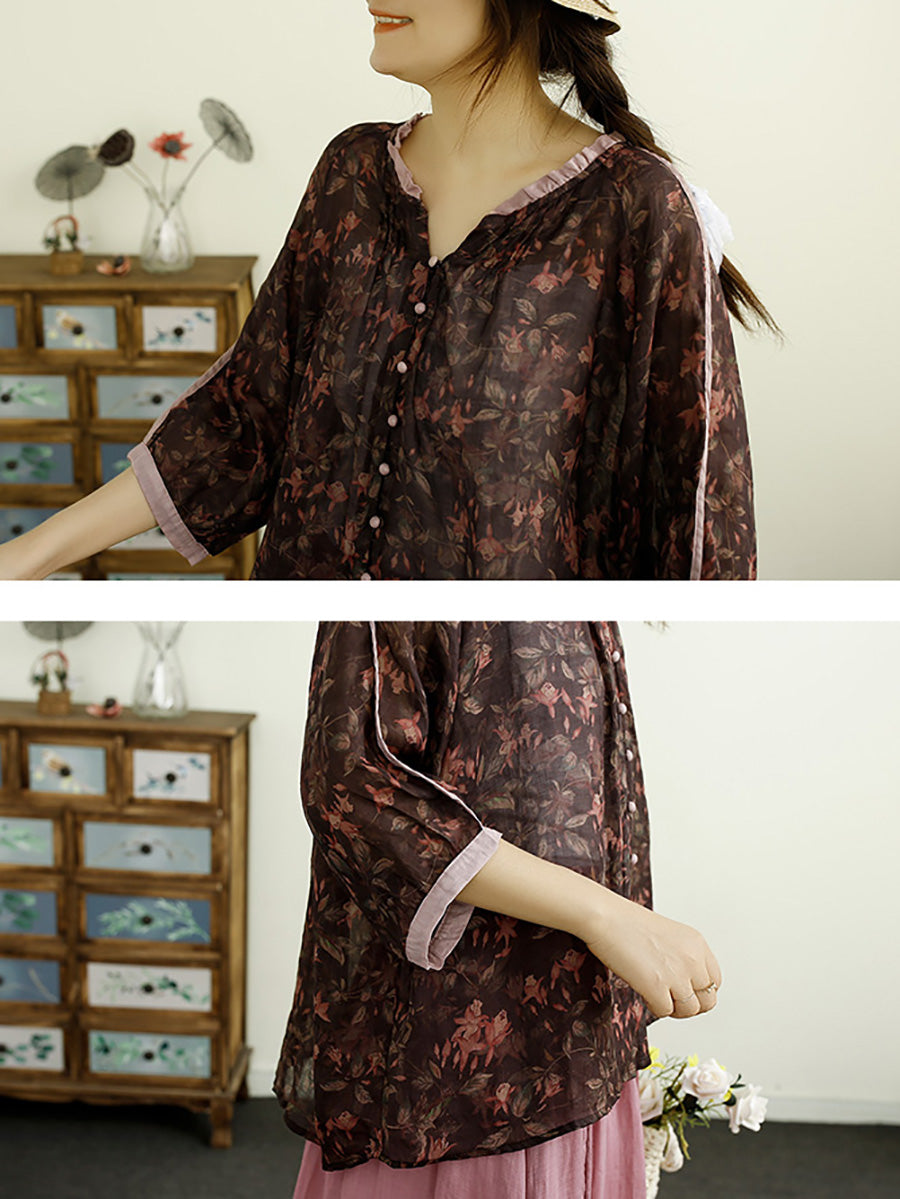 Women Summer Vintage Floral Button-up Ramie Shirt PP1012 LSFZ