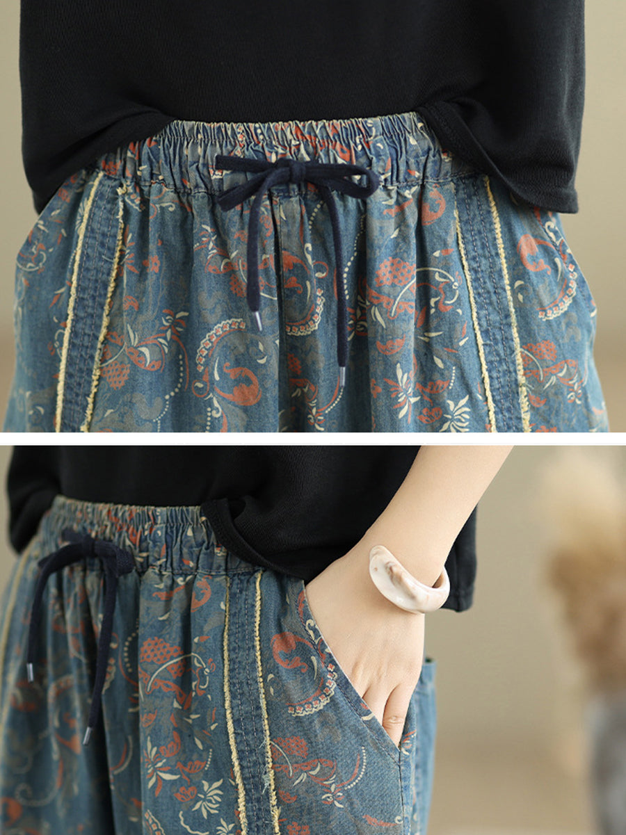 Denim Patchwork Pants Harem Women Retro Flower FashionChic