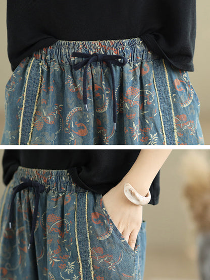 Denim Patchwork Pants Harem Women Retro Flower FashionChic