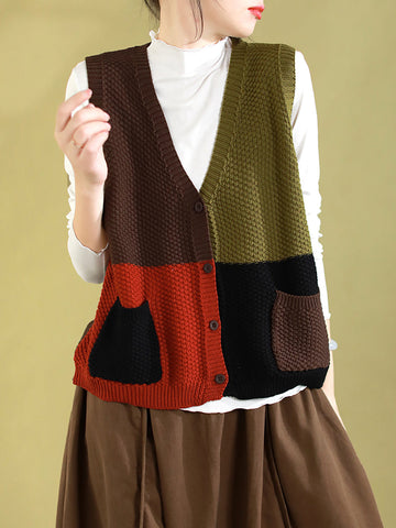 Women Autumn Colorblock Knitted V-Neck Vest CV1029 Ada Fashion