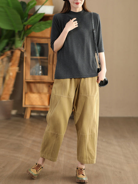Women Autumn Vintage Solid Spliced Pocket Harem Pants AI1030 BUYKUD