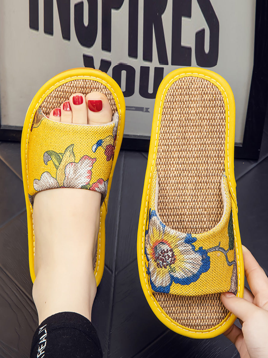 Summer Couple Linen Flower Print Indoor Flat Slippers CC008 BUYKUD