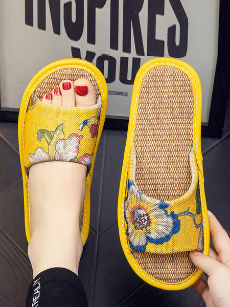 Summer Couple Linen Flower Print Indoor Flat Slippers CC008 BUYKUD