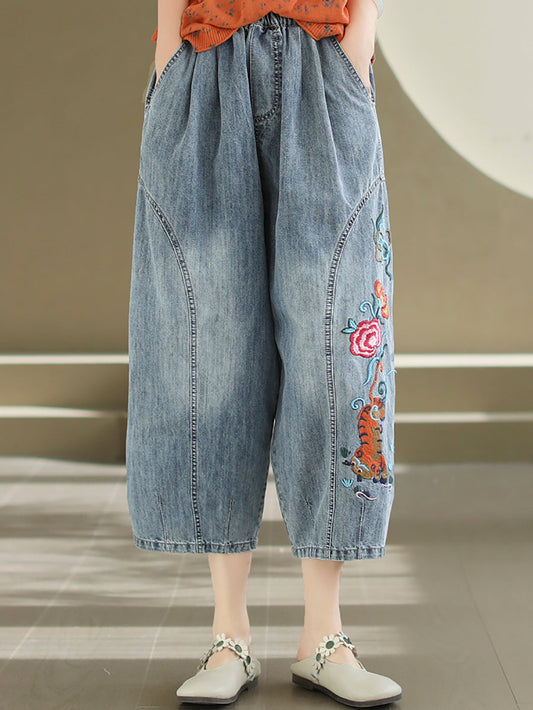 Women Artsy Flower Embroidery Denim Harem Pants AS1006 Ada Fashion