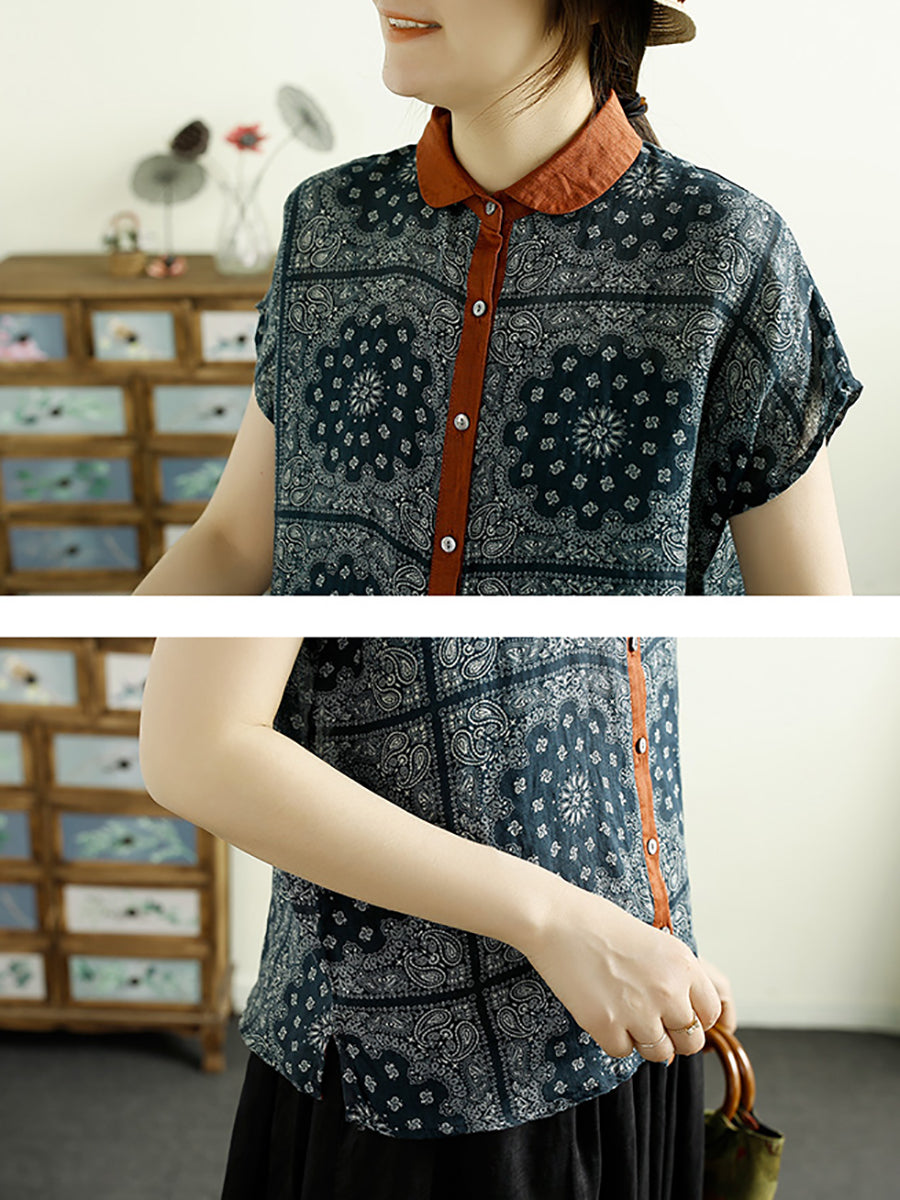 Women Summer Vintage Flower Button-up Ramie Shirt CV1054 Ada Fashion