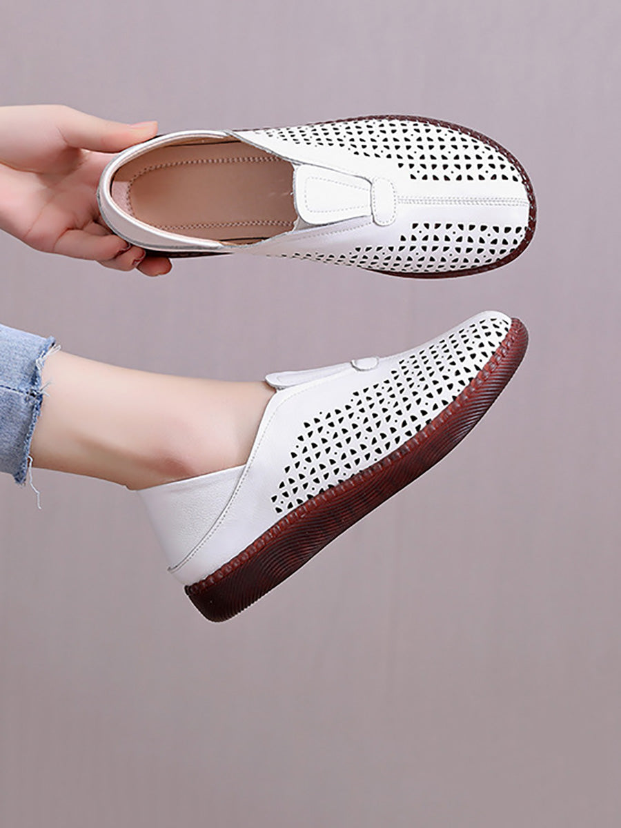 Women Summer Solid Casual Leather Cutout Flat Shoes HH048 HNXZ