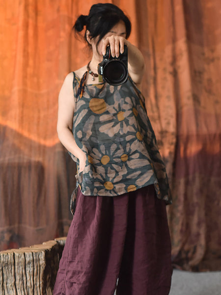 Women Vintage Flower Split Hem Thin Summer Ramie Vest HH051 QYMM