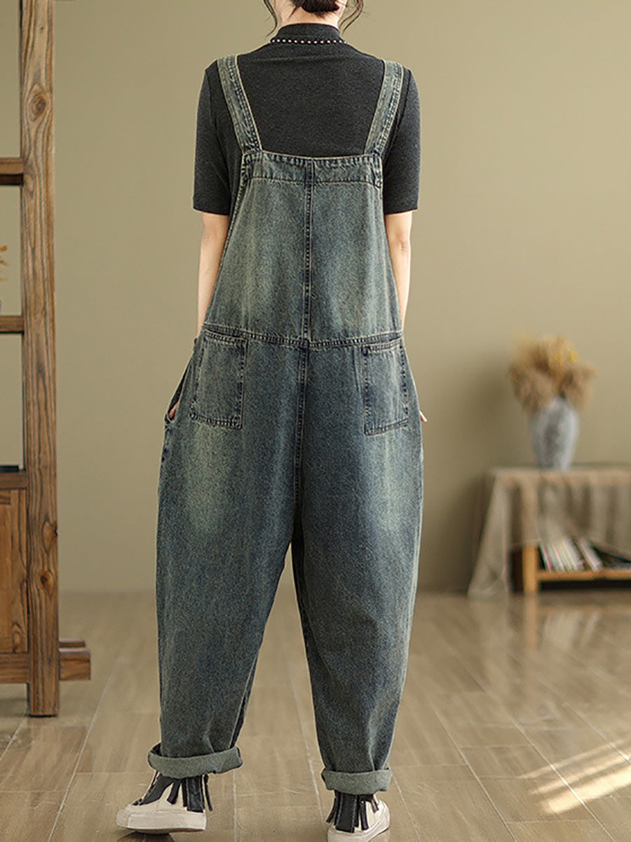 Women Retro Patchwork Loose Washed Denim Jumpsuits AH1080 JJX