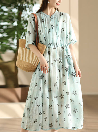 Women Summer Flower Shirred Artsy Strap Waist Dress RR023 QYZY