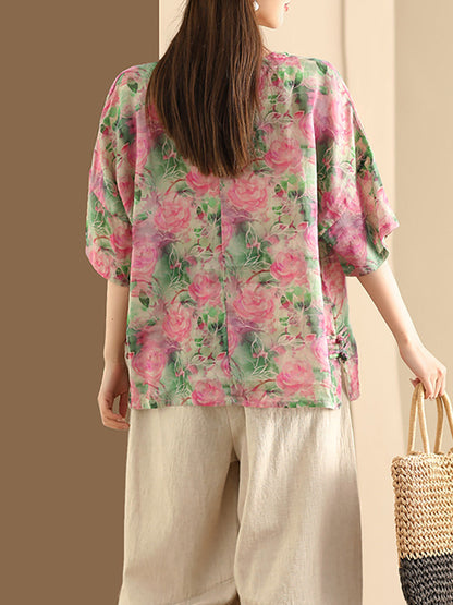 Women Artsy Floral Summer Ramie Pullover Shirt KL1016 Ada Fashion