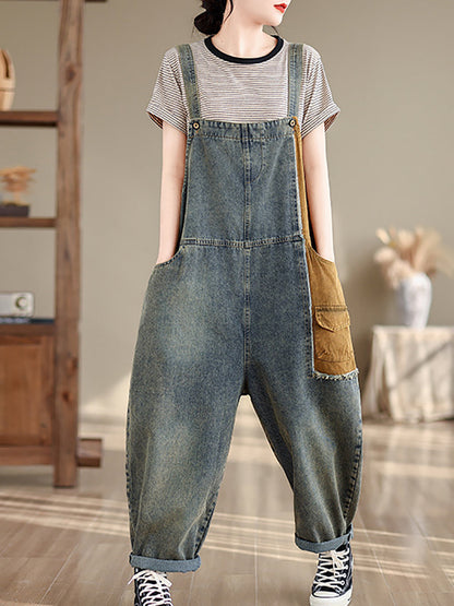 Women Artsy Summer Colorblock Denim Jumpsuits SC1051 Ada Fashion