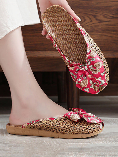 Bowknot Ethnic Weave Women Indoor Slippers Straw Flower FashionChic