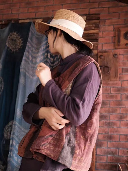 Women Retro Print Linen Cotton Padded Vest AT1078 JSHY