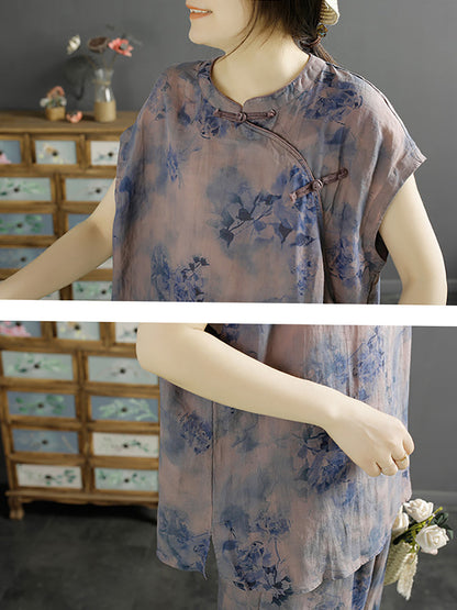 Women Ethnic Summer Floral Buckle 100%Ramie Shirt KL1007 Ada Fashion