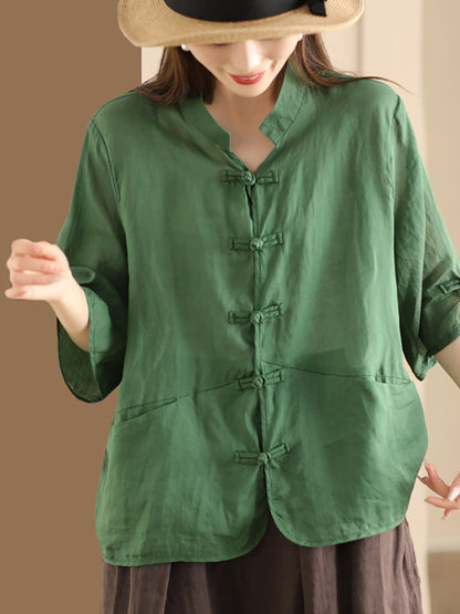 Women Summer Ethnic Solid Button-up Ramie Shirt QW1046 Ada Fashion