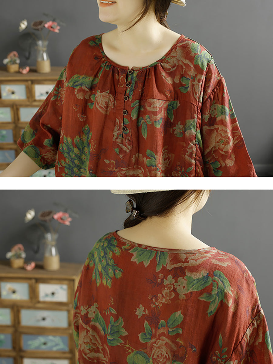 Women Vintage Floral Summer 100%Ramie Loose Shirt XX1051 Ada Fashion