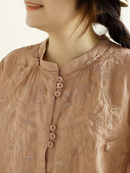 Women Summer Artsy Embroidery Button Ramie Shirt II1043 BUYKUD