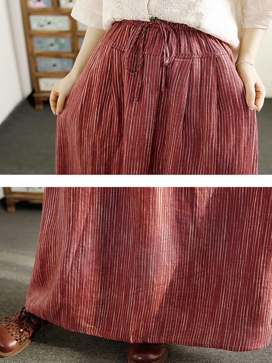 Women Summer Stripe Loose Cotton Drawstring Skirt OP1052 BUYKUD