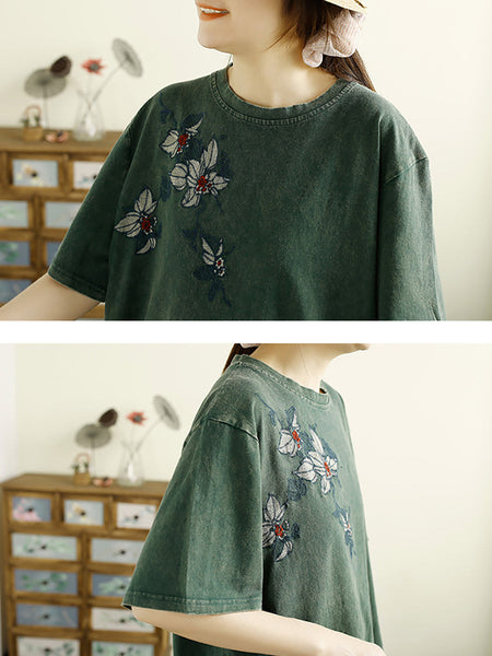 Women Summer Artsy Flower Embridery Cotton Shirt RR1012 BUYKUD
