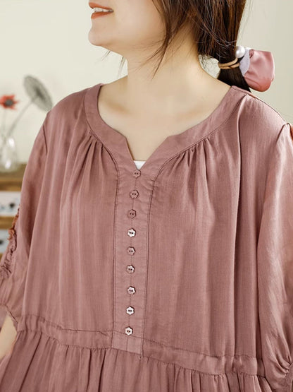 Women Summer Artsy Pure Color V-Neck Ramie Dress HH018 XJYF