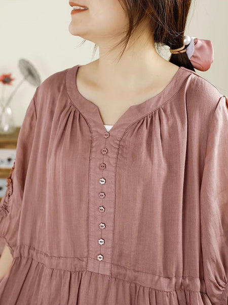 Women Summer Artsy Pure Color V-Neck Ramie Dress HH018 XJYF