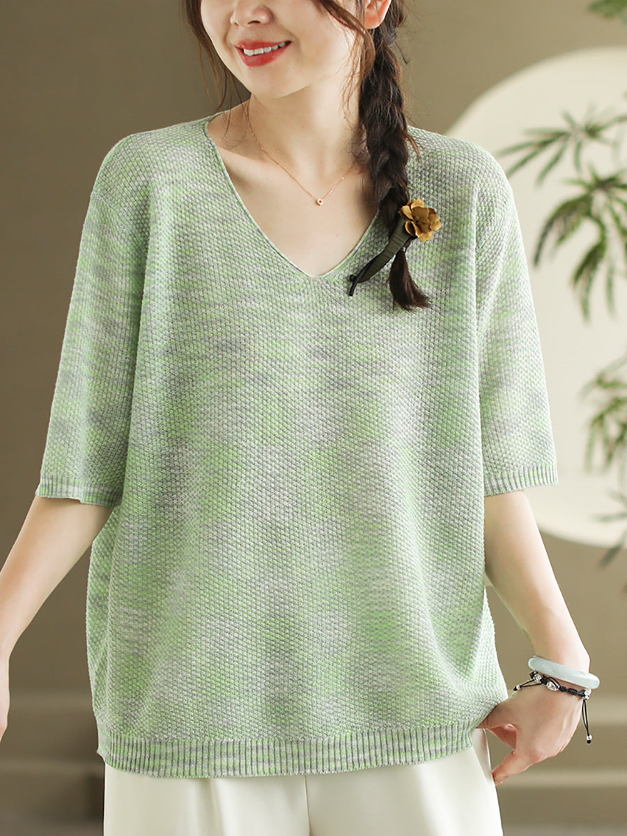 Women Summer Casual Knitted Linen V-Neck Shirt WE1029 Ada Fashion