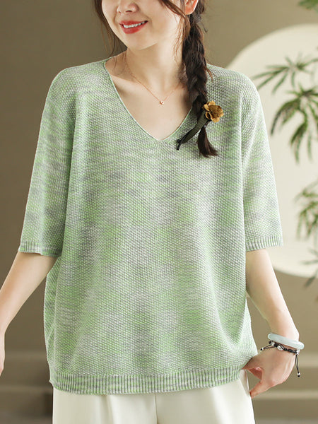 Women Summer Casual Knitted Linen V-Neck Shirt WE1029 Ada Fashion