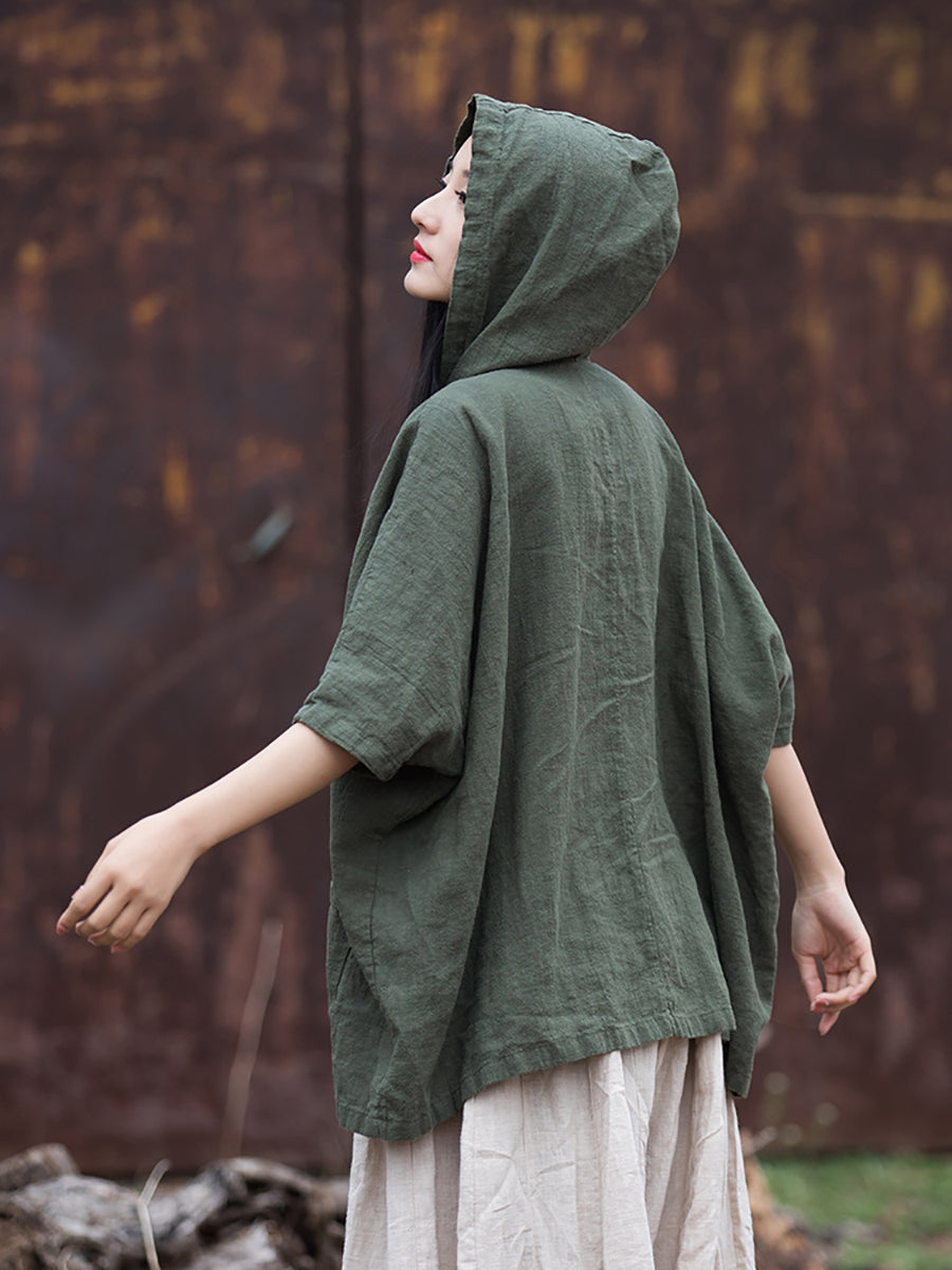 Women Summer Retro Solid Loose Hooded Ramie Shirt CC045 BXF