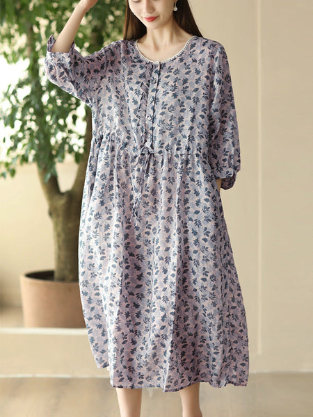 Women Summer Artsy Floral O-Neck Strap Ramie Dress FD010 SHWJ