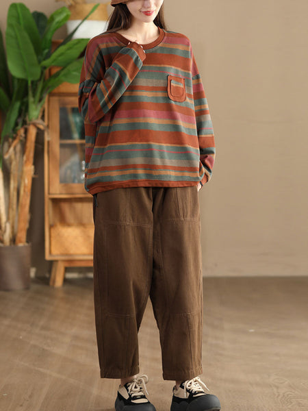 Women Casual Autumn Colorblock Stripe O-Neck Cotton Sweatshirt AI1027 YYMY