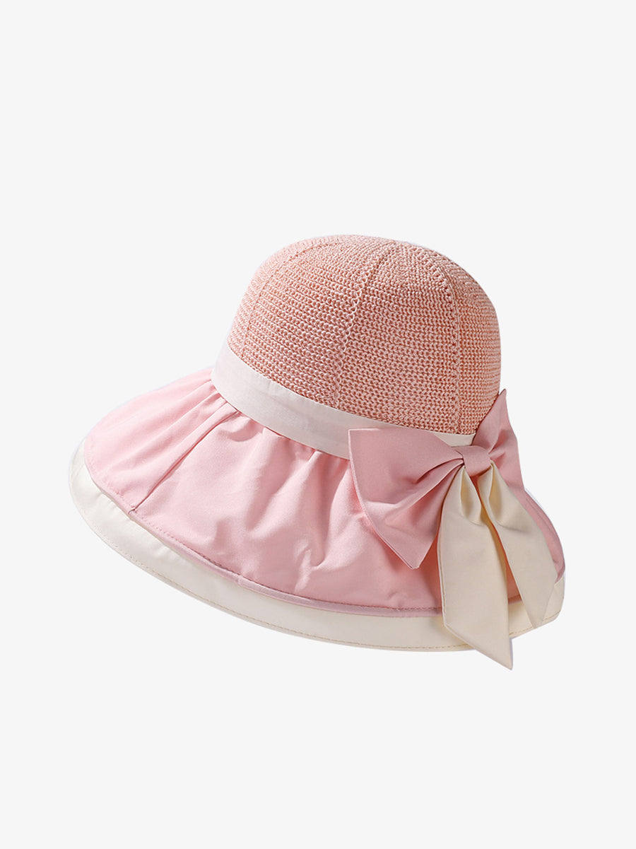 Women Summer Colorblock Large Brim Bowknot Hat WE1003 Ada Fashion