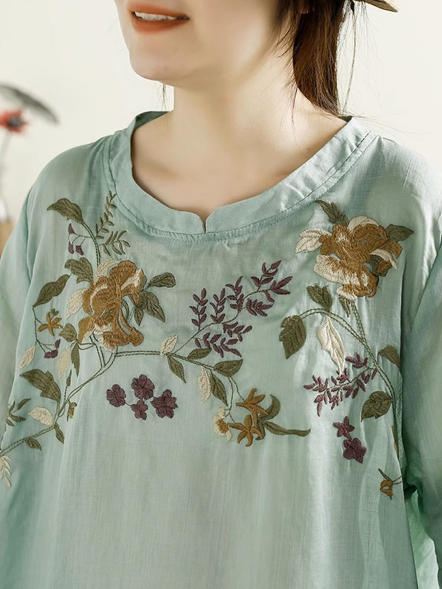 Women Summer Artsy Flower Embroidery Ramie Shirt TY1026 Ada Fashion