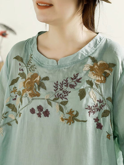 Women Summer Artsy Flower Embroidery Ramie Shirt TY1026 Ada Fashion