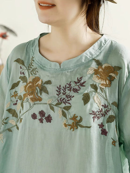 Women Summer Artsy Flower Embroidery Ramie Shirt TY1026 Ada Fashion