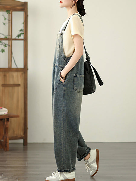 Color Straight Women Pure Denim Jumpsuits Casual Summer FashionChic