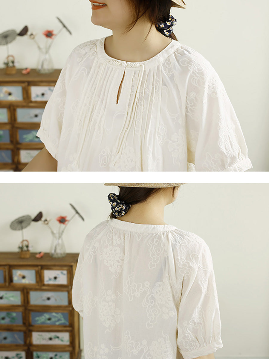 Women Summer Vintage Shirred Embroidery Cotton Shirt HH044 QJH