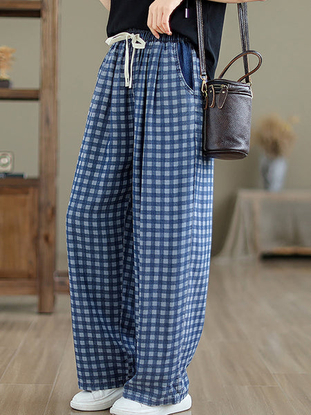 Women Summer Casual Plaid Wide-leg Cotton Pants OP1028 BUYKUD