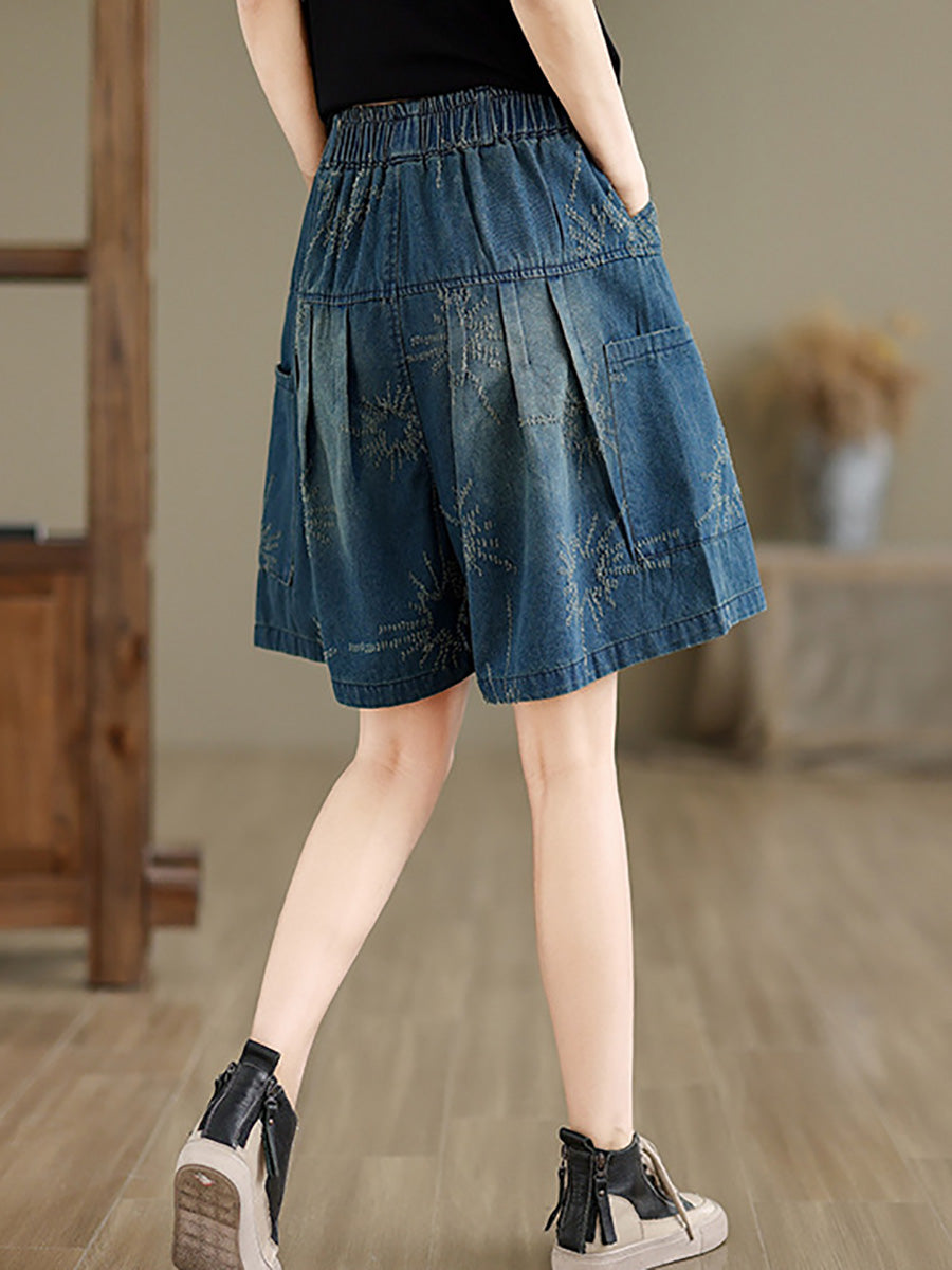 Women Summer Retro Star Jacquard Denim Fifth Pants CC012 ZMFS